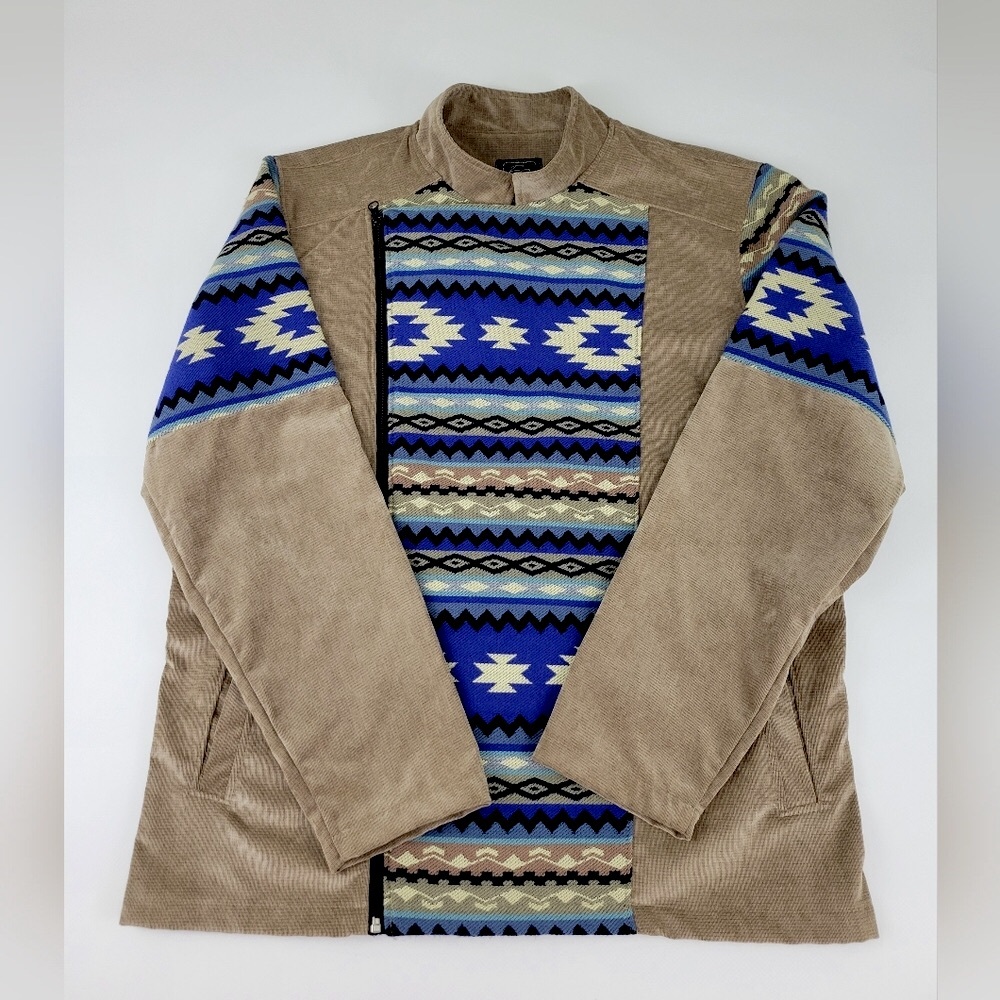 Men's Tan and Blue Patterned Men's Jacket